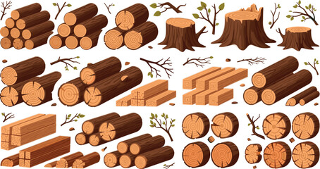 Wood logs and timber vector set with tree trunks stumps branches and lumber materials forestry illustration collection isolated design © EdGe Creative