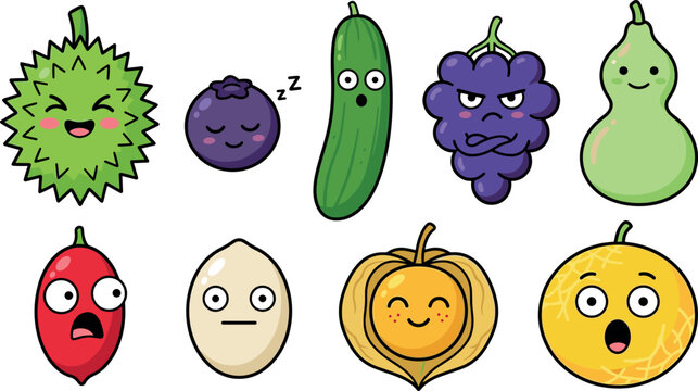 Funny fruit and vegetable faces with emotions for children&rsquo;s activity sheets, playful sticker packs, branding mascots, and creative design projects