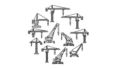 Crane line icon set with construction lifting machines outline vector collection isolated on white © MdShahinoor