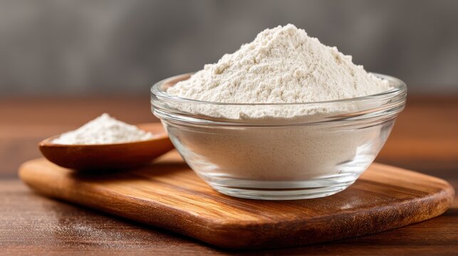 High quality photo of guar gum powder in glass bowl on wooden board. White powder additive derived from guar beans, used as a food additive E412, binder and excessive water.