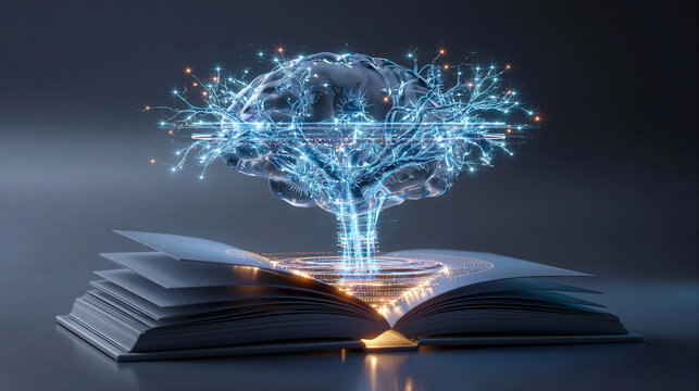 Exploding Digital Brain from Open Book with Neural Energy and Knowledge Expansion AI Learning Concept
