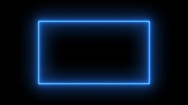 glowing neon square rectangle picture frame icon animation display neon box.  Neon lines frame animation on black background 