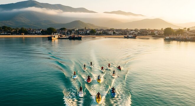 Aerial view of people paddleboarding and kayaking in a calm bay at sunrise with mountains and a coastal town background