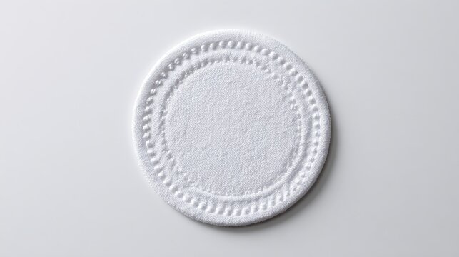 High quality photo of isolated rounded embroidered patch mockup with clear circular stitches on a blank white background, awaiting custom icon or logo design, ideal for branding and.