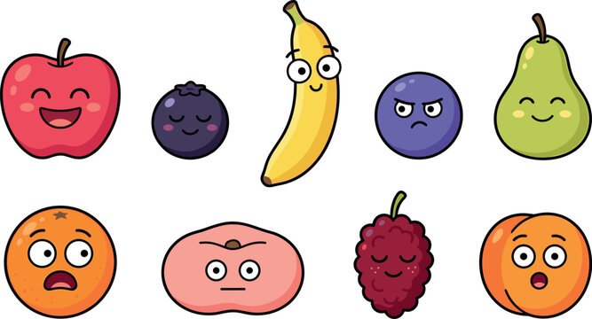 Colorful cartoon vector illustration of assorted fruits with expressive faces showing emotions such as happiness, surprise, anger, sleepiness, neutrality, and contentment