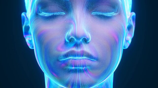 Slow dolly in close up of abstract human face with animated contour lines pulsing and shifting in dark studio backdrop