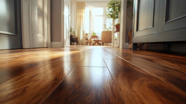 High quality photo of low angle shot focuses on luxury vinyl plank flooring inside home. Floor wood planks create warm, cozy ambiance in house interior. Laminate parquet design.