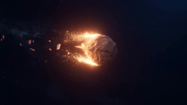 Tracking slow motion shot of asteroid fragmenting and ejecting fiery debris in deep outer space void with sparks and molten surface