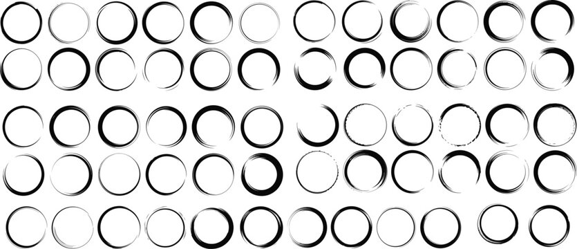 Zen Enso brush stroke circles, set of 50 black ink hand drawn circular frames, Japanese calligraphy style round borders for minimalist design
