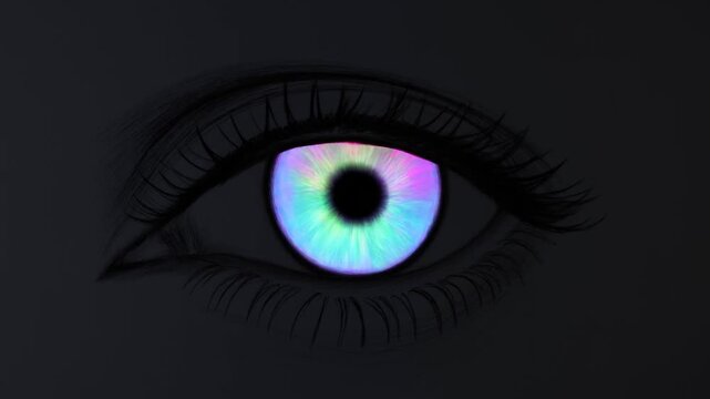 Slow motion close up of glowing multicolor iris blinking and reopening in dark studio interior static macro shot of pupil and eyelid movement