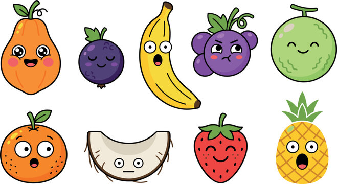 Playful cartoon vector illustration of assorted fruits with expressive faces showing emotions such as happiness, surprise, sleepiness, and cheerful contentment