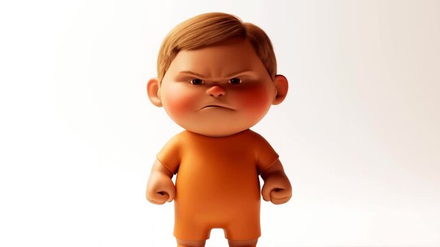 Static shot of animated toddler scowling and clenching fists standing in white studio with orange outfit close up frontal portrait