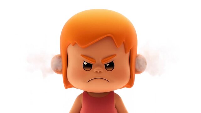 Slow zoom close up of animated child scowling and emitting steam from ears in white studio portrait with orange hair and red shirt