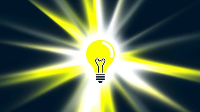 Zoom in of light bulb icon bursting into radiant glow on dark minimal background with expanding yellow and white rays