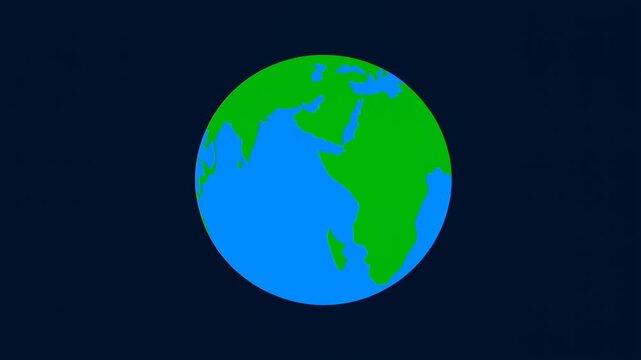 Rotating animation of earth globe spinning to reveal continents against dark space background flat graphic illustration of planet rotation