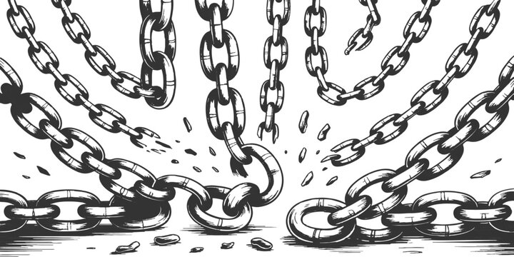 Breaking heavy metal chains with flying shattered links concept of freedom and liberation vector illustration.