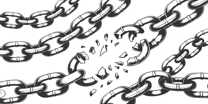 Breaking heavy metal chains with flying shattered links concept of freedom and liberation vector illustration.