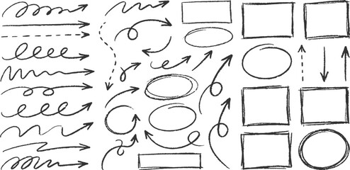 Hand drawn marker sketch arrows circles and rectangle frames doodle design elements collection vector illustration. © Artful