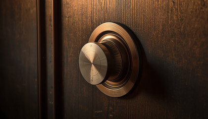Fototapeta premium A close-up view of an antique brass door knob on a wooden door