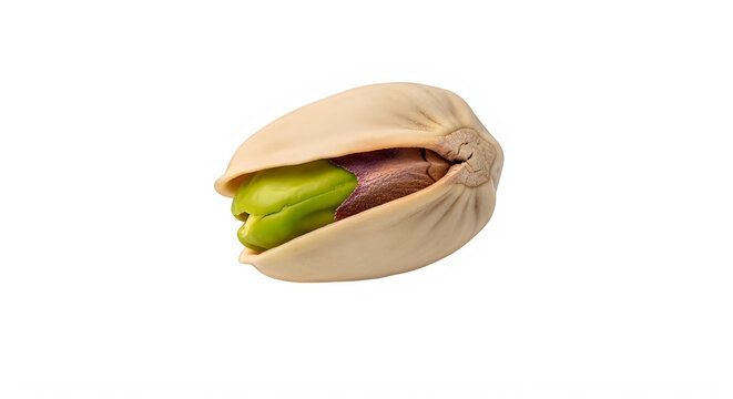 Single pistachio nut with shell open revealing green seed isolated on transparent background