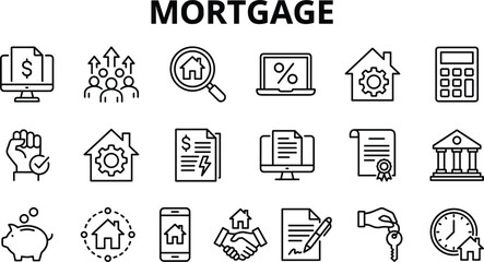 Fototapeta premium Mortgage finance icon set featuring home loans property investment banking documents interest rates and real estate financing outline vector collection