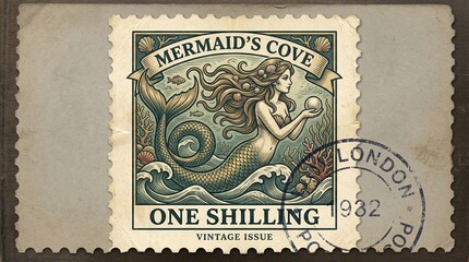 Obraz premium Vintage styled postage stamp illustration featuring a graceful mermaid holding a luminous pearl amidst ocean waves, symbolizing a magical underwater realm and timeless fantasy
