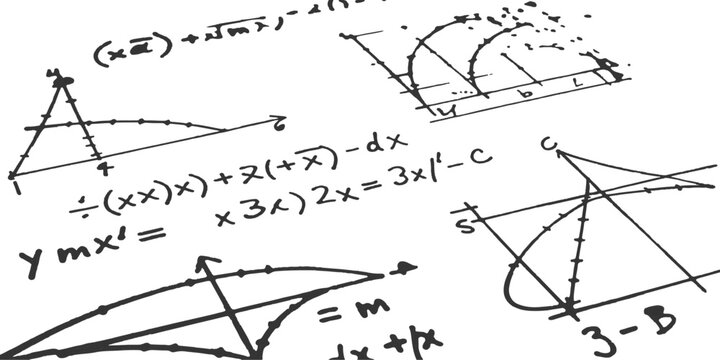Hand drawn mathematical equations and physics formulas with graphs and charts on white background vector illustration.