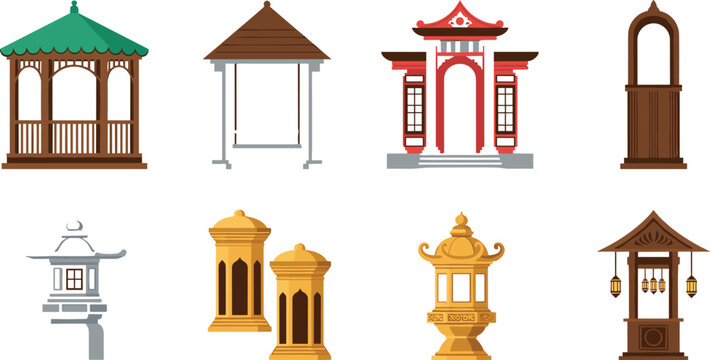 Asian architecture collection set with traditional temples pavilions and lantern structures isolated vector illustration cultural landmark design bundle