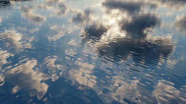 Reflective water surface behaving like a liquid mirror, showing slightly distorted sky and clouds moving independently, with subtle ripples, creating a serene, cinematic, and surreal atmosphere.