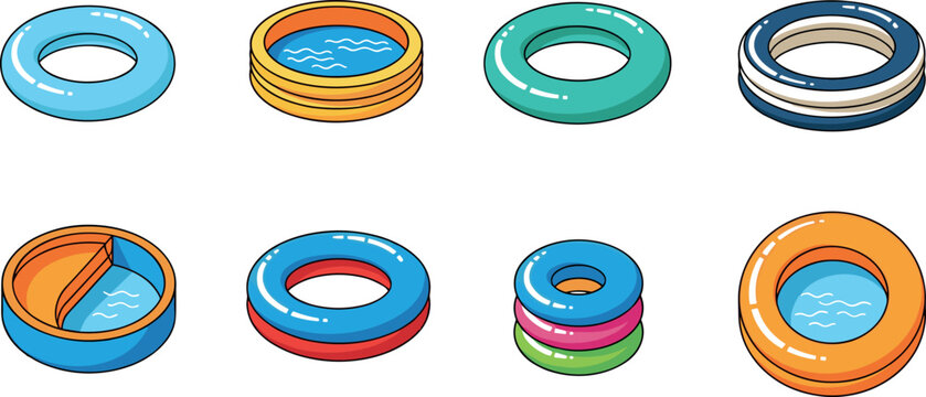 Inflatable pool float collection set with colorful swim rings and kiddie pools isolated vector illustration summer water fun design bundle
