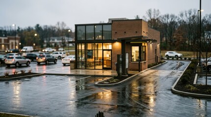 Obraz premium Wet pavement glistens in a medium shot capturing a freestanding restaurant pad building the drivethru lane in sharp focus contrasted against softly blurred cars and distant trees.