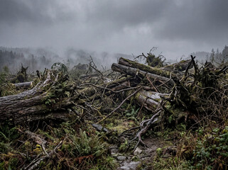 Fototapeta premium Foggy landscape of destroyed forest after deforestation activity