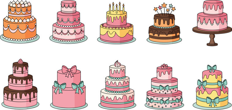 Elegant birthday cake collection set with decorated tiered desserts and festive designs isolated vector illustration celebration bakery bundle