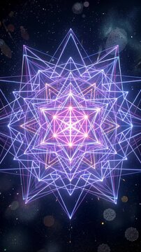 Cosmic sacred geometry structure in deep space, forming an intricate mandala with glowing neon lines and ethereal particles.