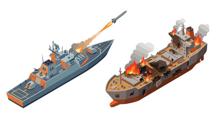 Obraz premium vector isometric of a warship shooting an enemy ship 010