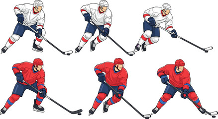 Obraz premium Vector illustration of six ice hockey players in action, wearing red and white jerseys, on a white background.