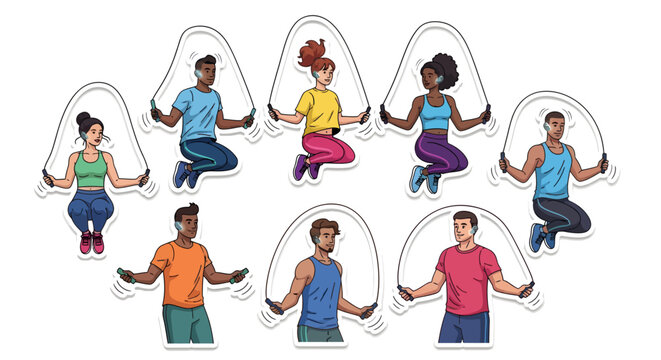 Diverse group of people jumping rope together outdoors
