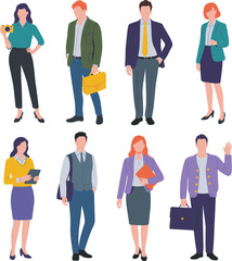 Obraz premium Flat vector illustration of professional business people in office attire isolated corporate character collection for workplace branding projects
