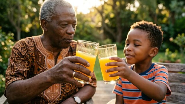 Grandfather and grandson share a joyful moment sipping fresh orange juice in a sunny garden