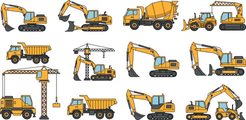 Set of construction machinery vectors including excavators cranes dump trucks bulldozers and cement mixer heavy equipment illustrations © EdGe Creative