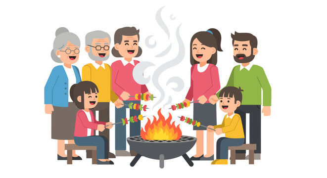 Family and friends gathering around a barbecue fire pit