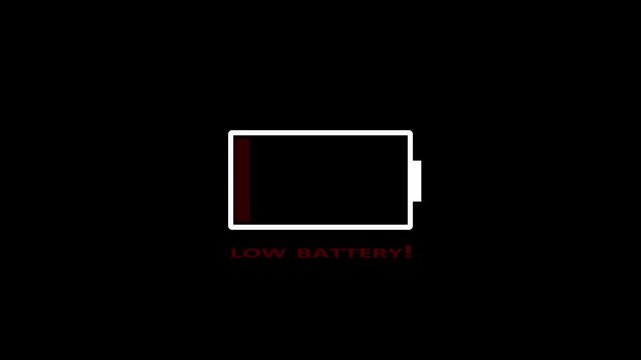 Red low battery alert icon animation isolated on black background