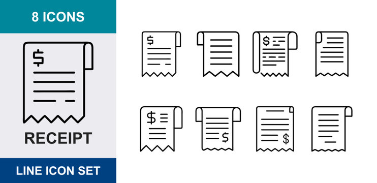 8 Receipt linear icons bill invoice payment check paper dollar cash transaction, UI and web interface design