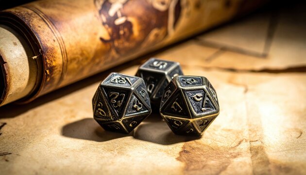 Three ornate metal dice featuring sharp edges and etched symbols arranged on a weathered textured surface, ideal for fantasy tabletop gaming and immersive roleplaying adventures.