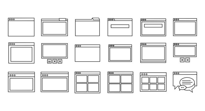 Minimalist browser window icons set, 18 outline web interface frames, retro computer operating system UI elements, digital software wireframe vector