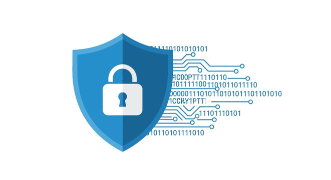 A blue shield with a padlock protects binary code on a circuit board background.