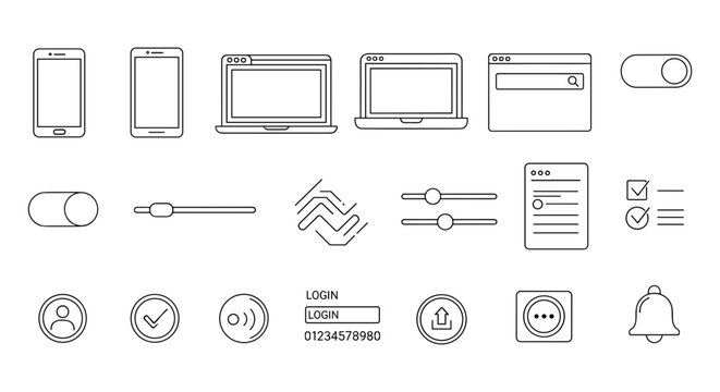 Minimalist UI UX icon set, thin line web interface elements, digital device wireframe symbols, modern application dashboard design vector