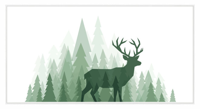 A majestic deer with large antlers stands in front of a dense forest of pine trees on a mountain.