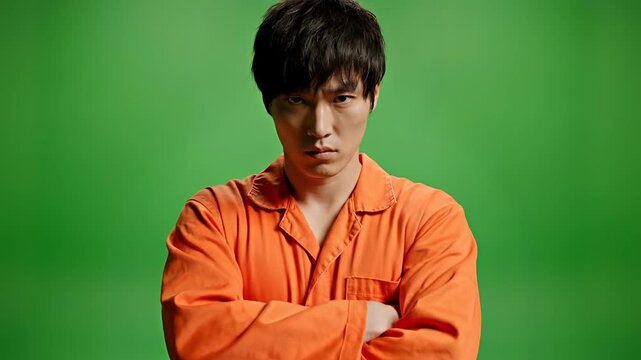 Man in Orange Jumpsuit with Arms Crossed on Green Screen.
