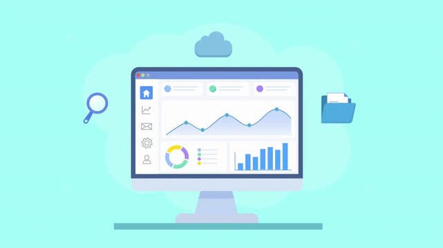 Looping flat animation of a cloud analytics dashboard with charts, search icon, and storage elements, representing data organization, access, and digital workflow efficiency.